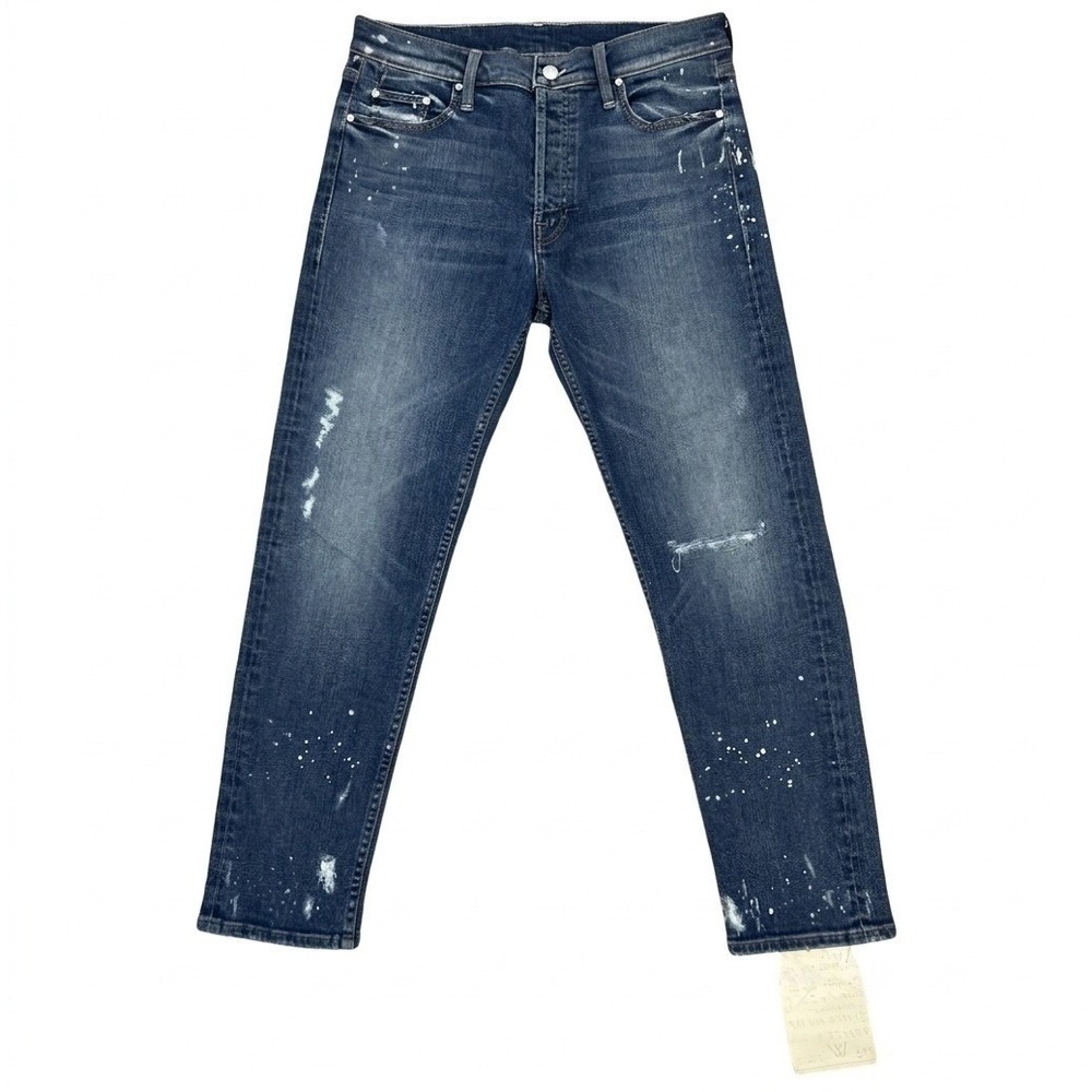 Mother Denim Cheeky High Rise Straight Jean 28" Blue Paint Splatter Distressed